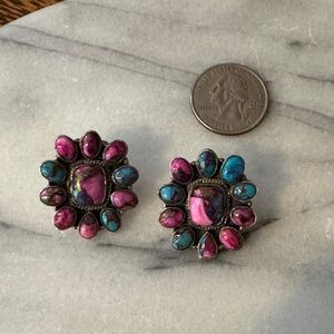 Spiny Oyster Pink and Turquoise Stone Cluster Stud Earrings